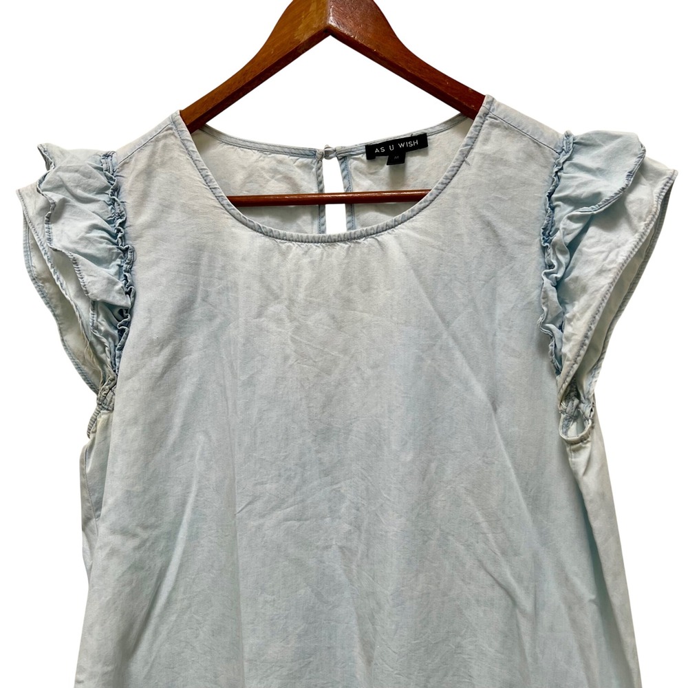 AS U Wish Women's Ruffle Sleeve Chambray Dress -‎ Light Wash, Casual